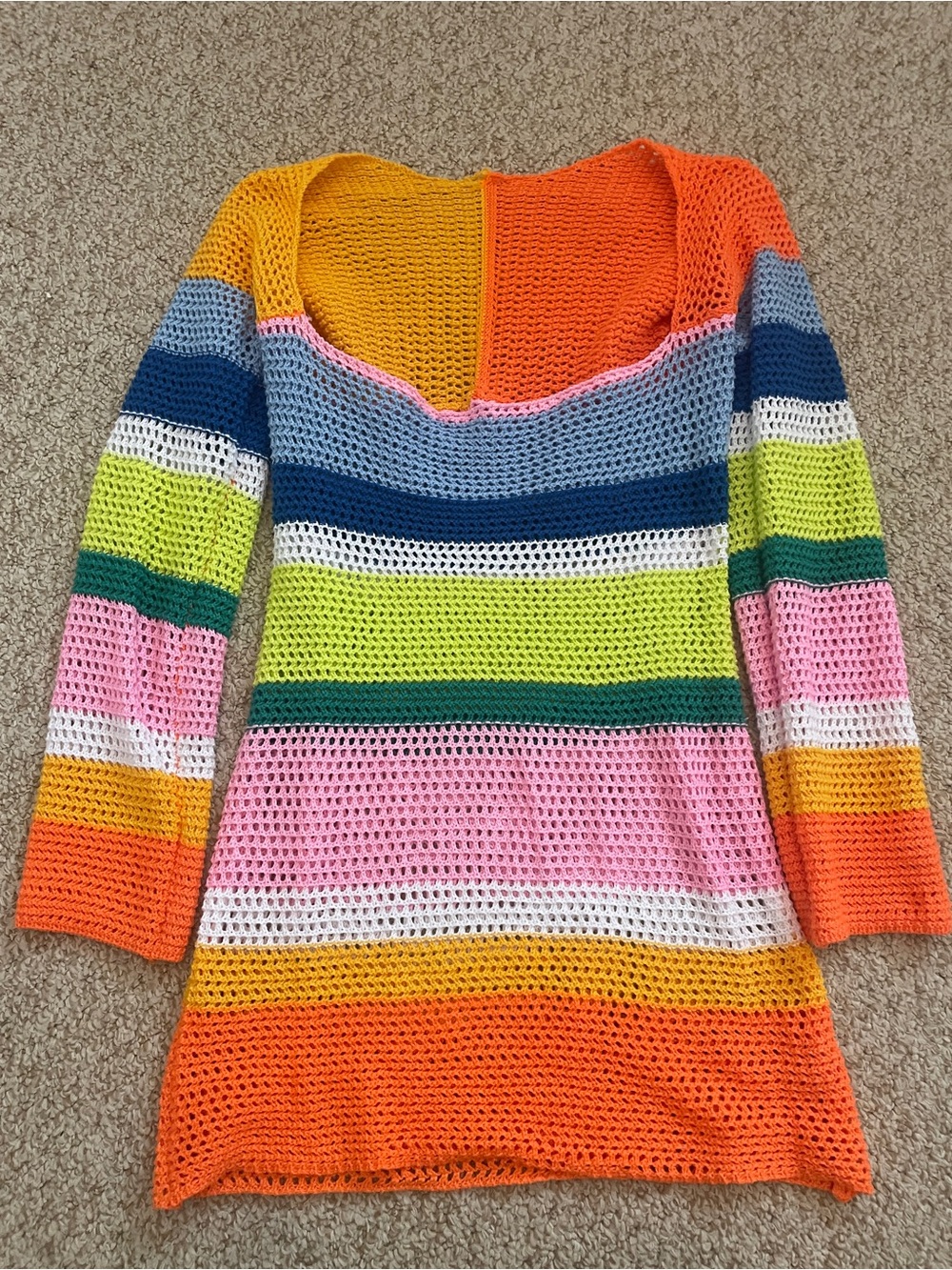 Bright Multicolor Striped Crochet Sweater Dress/ Beach/ Pool Cover up